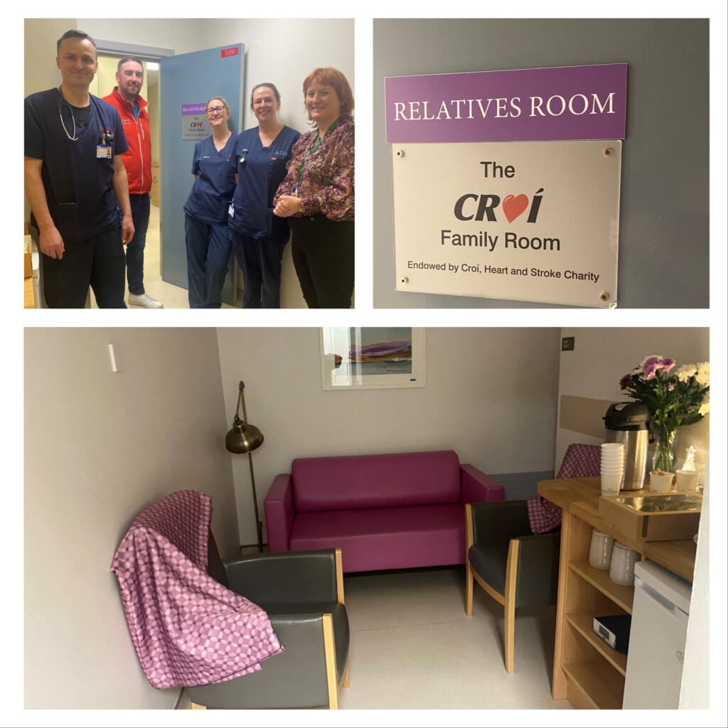A collage of three photos showing a hospital relatives' room, named 'The Croí Family Room,' supported by Croí, the Heart and Stroke Charity. The top left photo features four smiling staff from the Sligo University Hospital and Croí standing in the room near the room's entrance. The top right photo shows a close-up of the room's sign. The bottom photo reveals the interior of the room, which includes a cozy seating area with a pink couch, two grey armchairs with purple blankets, a floor lamp, framed artwork on the wall, and a refreshments station with a coffee maker and flowers.
