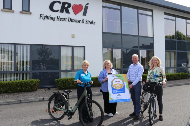 Pictured at the announcement of the Cycle Friendly Employer Cert is Lorraine Courtney, Croí’s CPR Training Lead; Jacqui Aupiais, Executive Assistant / Operations Manager at Croí; Michael O’Boyle, CEO of Cycle Friendly Employer Ireland; and Dr. Lisa Hynes, Croí’s Head of Health Programmes.