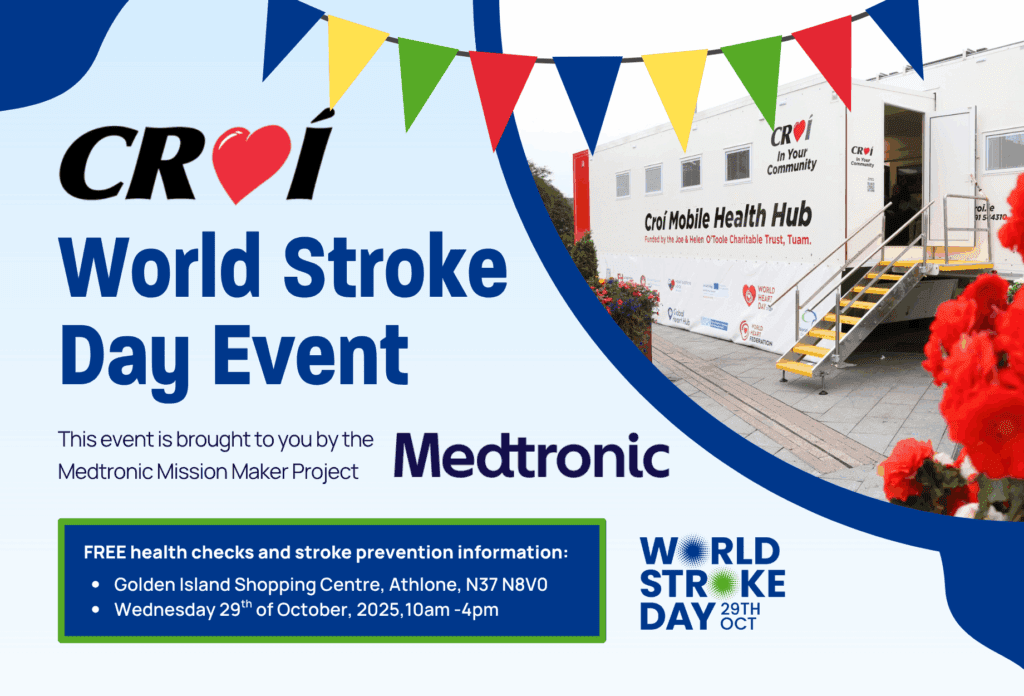 Croí World Stroke Day event graphic promoting free health checks in Athlone on October 29, 2025.