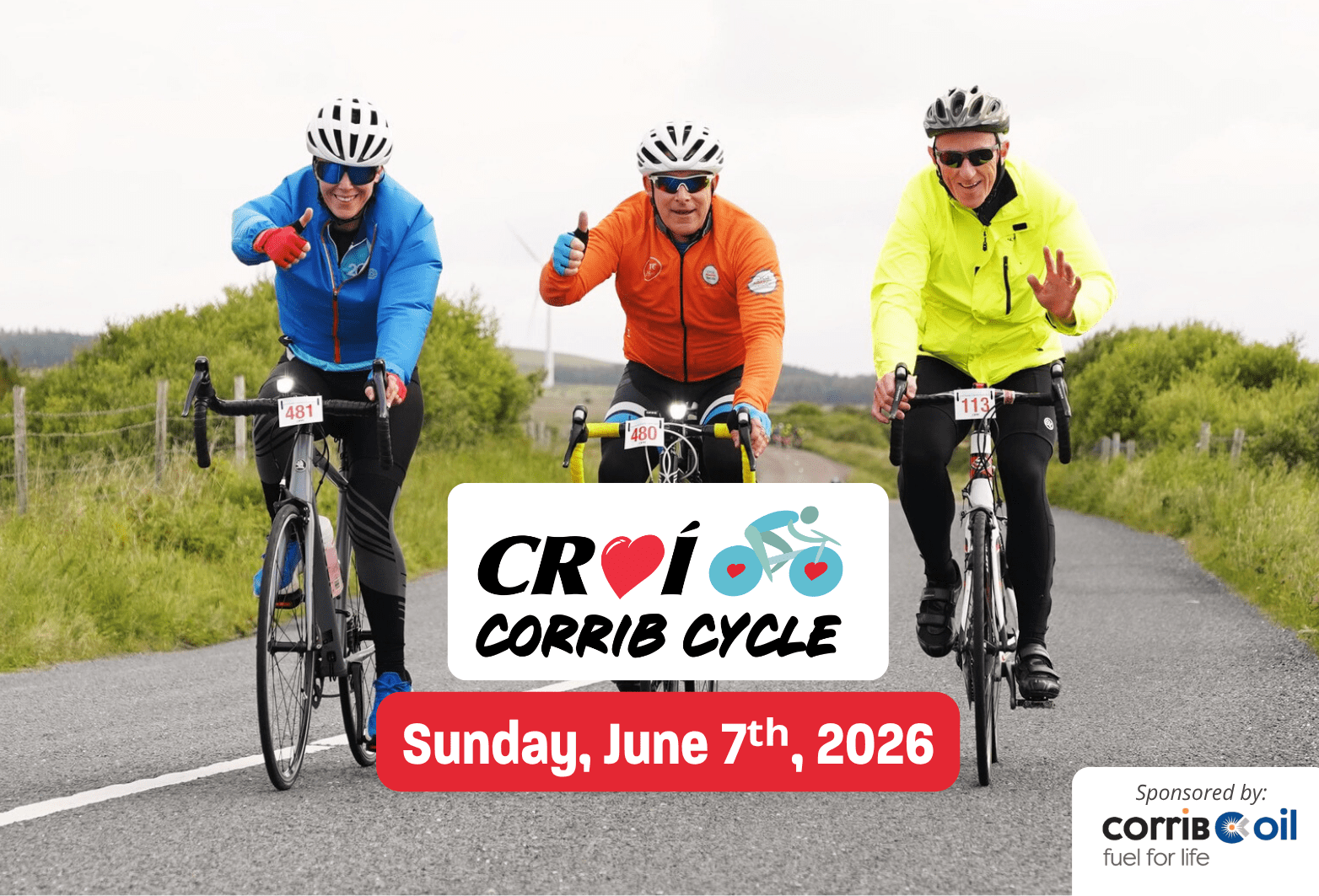Three people cycling, Croí Corrib Charity Cycle, June 7th 2026