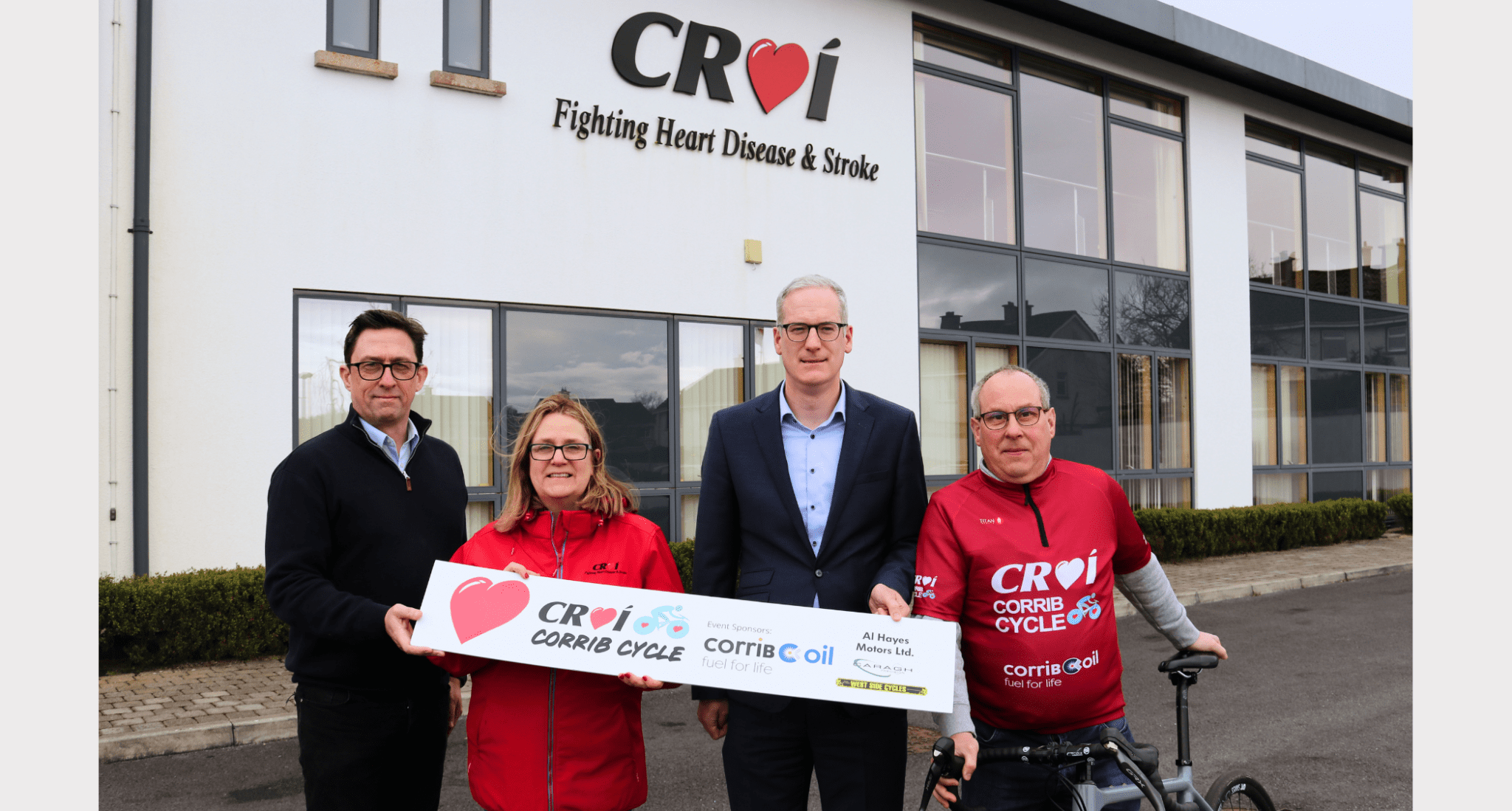 Photographed outside the Croí Heart & Stroke Centre (L-R) are Mark O’Donnell, Croí Chief Executive; Christine Flanagan, Croí Director of Fundraising; Philip Monks, Corrib Oil Chief Marketing Officer; and Bernard Dempsey, Corrib Oil Driver Sales.