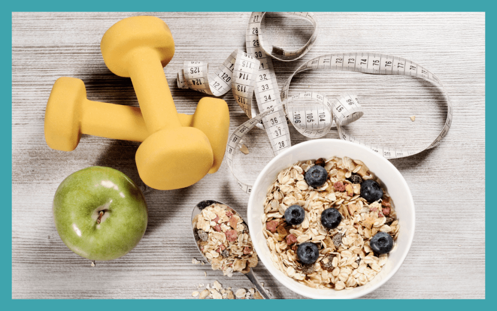 Image of measuring tape, dumbbells, apple and granola