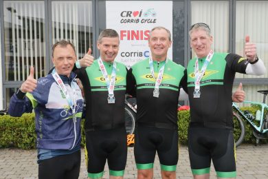 David Daly, Paddy Henry, Ciaran Donnellan and Brian Flynn, Seven Bridges Cycling Club, Sligo after completing The Croí Corrib Charity Cycle on Sunday. The fundraising cycle through Connemara now in its 30th year, supports Croí in delivering lifesaving initiatives to prevent cardiovascular disease, providing support for people and their families impacted by a cardiac event or stroke. Photo: Mike Shaughnessy 9/6/24