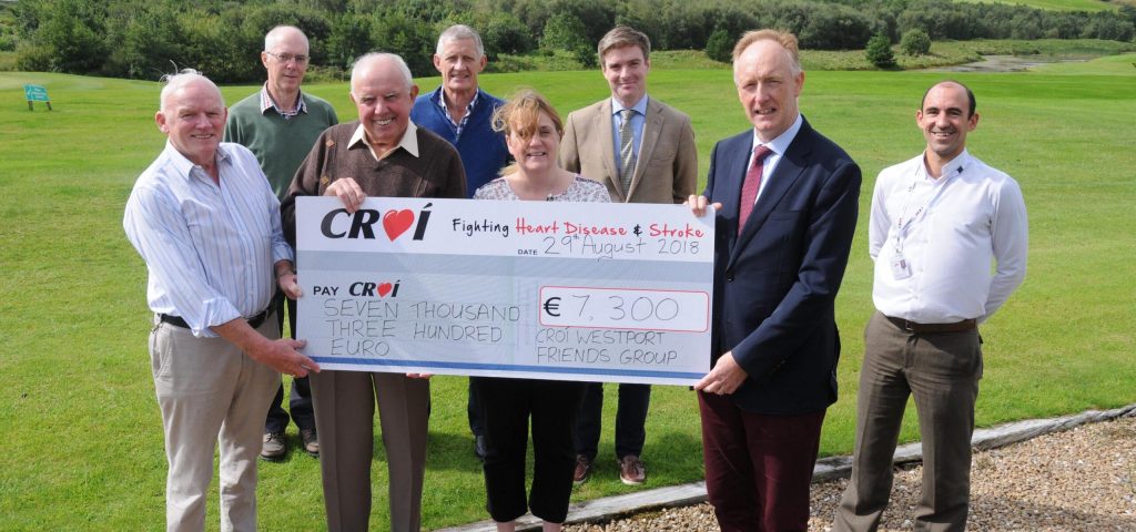 The Croi Westport friends group recently organised a golf AM AM at the club that raised E7.300. Attending the  hand over of the cheque were Christy O' Malley, Kieran Mc Loughlin, Joe Gibbons chairman, Mel King, organisers, Christine Flanagan director of fund raising Galway, James Ward Westport board director Croi, Neil Johnson CEO Croi, and Luigi Ryan community and events organiser Croi. Photo; Frank Dolan.