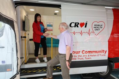 Chris Flannagan of Croí with Terry Small of Castlegar at the launch of the Croí Mobile Health Units, donated by the Joe & Helen O’Toole Charitable Trust in Tuam on Thursday. Photo: Mike Shaughnessy 23/5/24